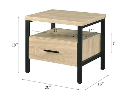 Industrial Bedside Table: 1 Drawer & Open Shelf Nightstand - Oak & Black Metal Frame for Loft Style Bedroom & Studio Use