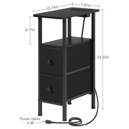 LOAKEKEL Narrow Nightstand with Charging Station, End Tables Living Room Set of 2, Skinny Side Table with Fabric Drawers, Slim Sofa Table for Bedroom, Small Spaces, Couch, Black, HETNDP02BK - color: Black, style: Power