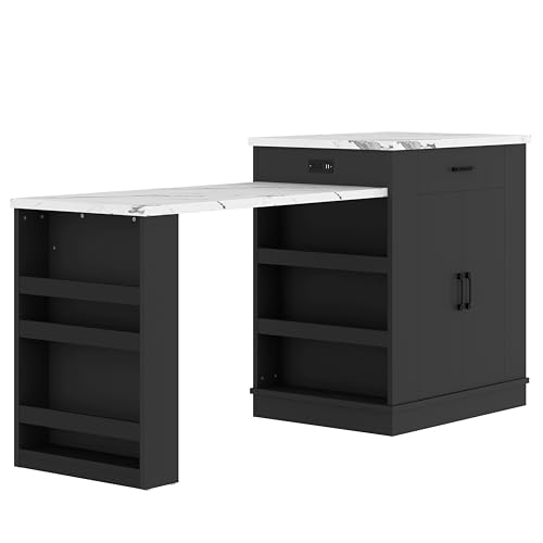 Gecheer Extendable Kitchen Island with Drawers, Double-Door Cabinets & Open Shelving – Black, 80.7" L x 33.4" W x 35.3" H – Multi-Functional Dining Table, Breakfast Bar & Tea Station