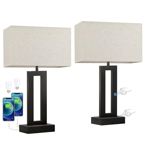 Nightstand Table Lamps for Bedrooms Set of 2 - Touch Bedside Lamp with USB C+A, 3 Way Dimmable Living Room Lamps for End Tables Set of 2, Modern Night Stand Lamps for Bed Side Guest Room(Cream) - color: D. Cream&Black, size: Medium(19.6in)
