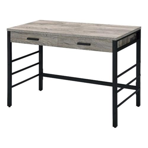 Pemberly Row Industrial Writing Desk, Weathered Oak Finish, Metal Ladder Base, USB Ports, 2 Drawers, Crossbar Support, Contemporary Home Office Desk for Writing and Productivity
