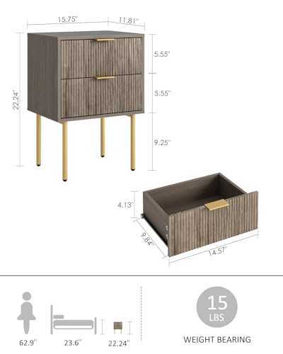 Nightstand,Small Bedside Table with Gold Frame,Grey Night Stand,Bedside Furniture,Side Table with 2 Drawers for Bedroom,Living Room (2Drawers, Grey) - color: Grey, style: 2Drawers