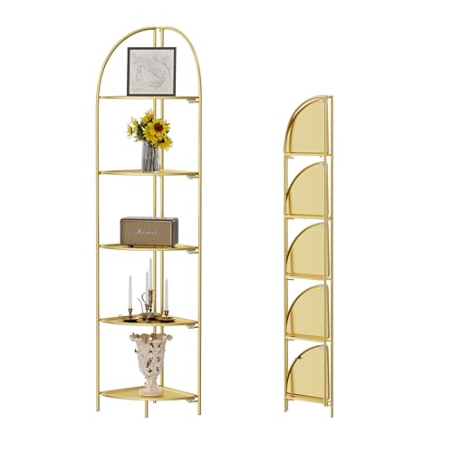 Crofy 5-Tier Foldable Corner Shelf, Metal Gold Frame & Shelves | Corner Plant Stand, Corner Display Rack, Multipurpose Shelving Unit for Living Room, Bedroom and Bathroom - color: Gold Frame & Gold Shelf, size: 5 Tier