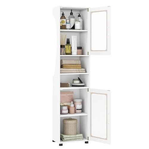 67" Tall Bathroom Cabinet, Slim Floor Storage Cabinet with 2 Fluted Doors, Adjustable Open Shelf, Slim Floor Organizer for Small Space Living Room Kitchen Laundry Entryway (White) - color: White