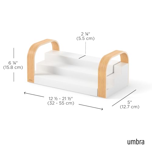 Umbra Bellwood Spice Shelf, Expandable Three-Tier, White/Natural | Pantry organizer, no assembly, large capacity storage, fits cabinets and drawers - color: Natural/White