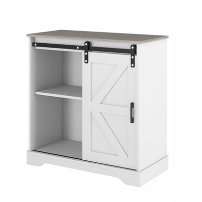 Panana Sliding Barn Door Buffet Sideboard Storage Cabinet Coffee Bar Kitchen Farmhouse Style (White Cabinet Nature Top) - color: White Cabinet Nature Top