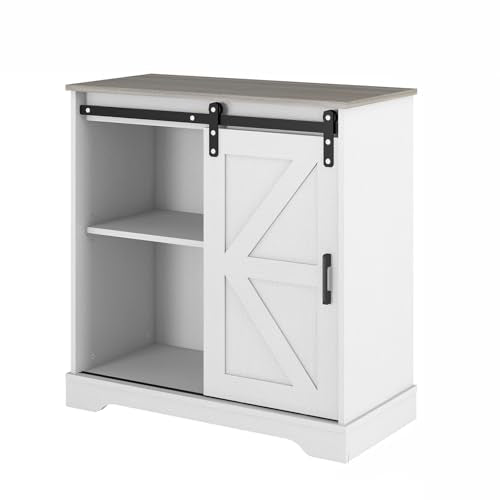 Panana Sliding Barn Door Buffet Sideboard Storage Cabinet Coffee Bar Kitchen Farmhouse Style (White Cabinet Nature Top) - color: White Cabinet Nature Top