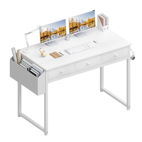 Lufeiya Small White Computer Desk with Drawers for Home Office Bedroom, 40 Inch Vanity Desk with Fabric Drawer Storage and Side Pouch, Study Writing Table, White - color: White, size: 39.4"