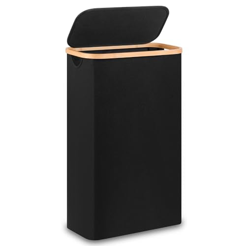 60L Slim Laundry Hamper,Laundry Basket with Lid,Tall Hamper for Laundry,Dirty Cloth Hamper with Bamboo Handle for Toys,Towels, Clothes Organizing,Black - color: Black, size: 60L Slim