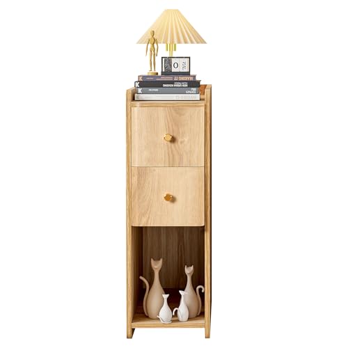 Narrow End Table Bedroom, Wooden Small 2 Drawer Nightstand, Thin Couch Side End Table, Skinny Bedside Table Small Spaces, Mid Century Modern Night Stand with Drawers (Natural-1 pc) - color: Natural-1 Pc