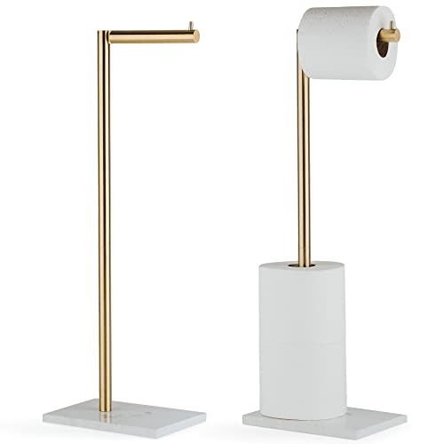 MARMOLUX ACC Free Standing Gold Toilet Paper Holder Stand White Marble Base and Storage | 4 Jumbo Roll Bathroom Hardware Toilet Tissue Organizer | Stainless Steel Bathroom Decor Accessory - color: Gold Brushed/White Marble