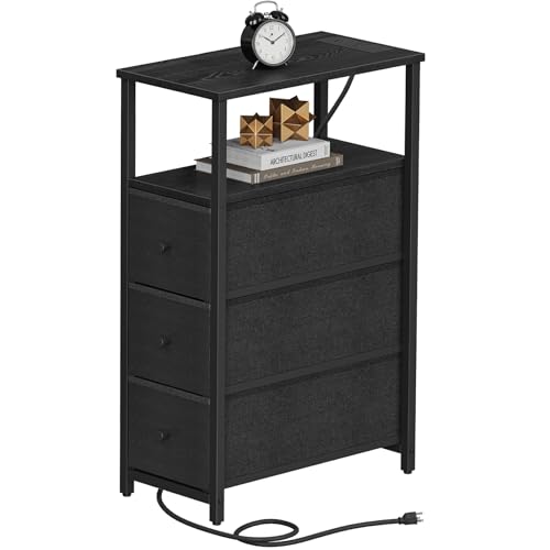 TUTOTAK Narrow Night Stand with Charging Station, Slim End Table | Tall Side Table with 3 Fabric Drawer, Small Bedside Table with Storage, Living Room, Bedroom, Black TB01BK086 - color: Black, size: 1 Pack (3 Drawers), style: With Plug