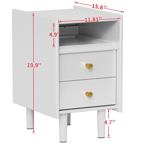 Narrow Nightstand with 2 Drawers, 11.81" Solid Wood Narrow Bedside Table | Pine Wood, Modern Night Stand with Open Shelf & Cable Hole, Slim Narrow Side Table for Bedroom, White