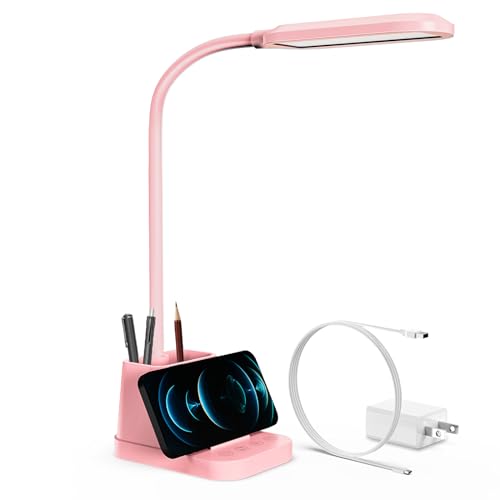 AXX Pink Desk Lamp for Kids, Cute Study Table Light for Bedrooms, Kawaii, USB Charging Port, Small, LED, 650LM, Room College Dorm Essentials, Office Accessories for Women Teen Girls - color: Pink