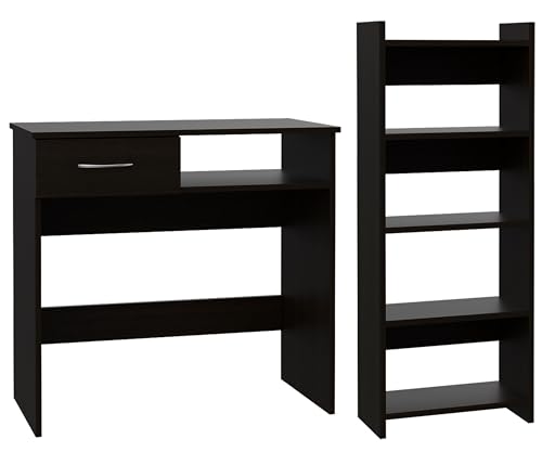 Compact Desk Bookcase Combo: Modern Black Wood Home Office Workstation with Keyboard Tray & Storage Shelves - Space Saving Design for Small Apartments & Study Rooms