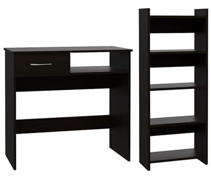 Compact Desk Bookcase Combo: Modern Black Wood Home Office Workstation with Keyboard Tray & Storage Shelves - Space Saving Design for Small Apartments & Study Rooms