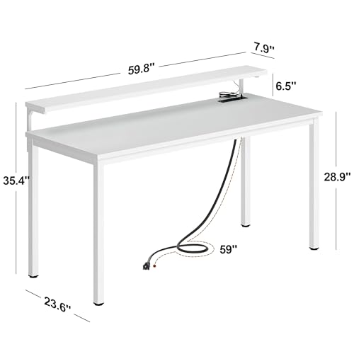 Need 60 inch Computer Desk with LED Lights & Power Outlets, Large Home Desk with Monitor Shelf, Writing Table Gaming Desk Home Office Desk, White - color: White, size: 60 inches