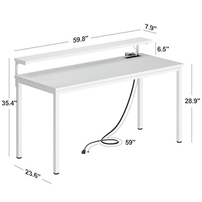 Need 60 inch Computer Desk with LED Lights & Power Outlets, Large Home Desk with Monitor Shelf, Writing Table Gaming Desk Home Office Desk, White - color: White, size: 60 inches