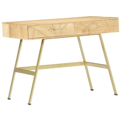 39.4" Industrial Solid Mango Wood Writing Desk with 2 Drawers, Computer Desk for Home Office Small Spaces, Rustic Study Table Natural Brass Steel Frame - color: Solid Mango Wood