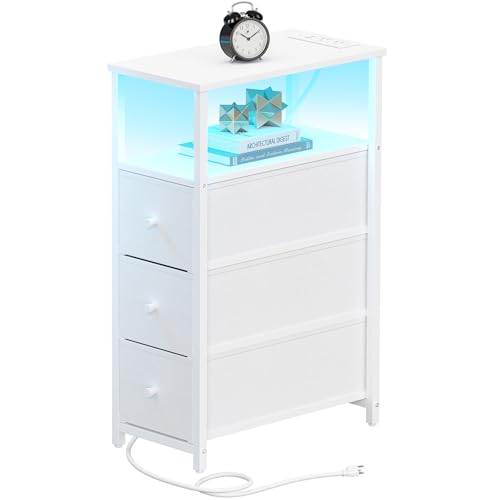 TUTOTAK Narrow LED Night Stand with Charging Station, Slim End Table | Tall Side Table with 3 Fabric Drawer, Small Bedside Table with Storage, for Living Room, White TB01BW086L - color: White, size: 1 Pack (3 Drawers), style: Plug & LED