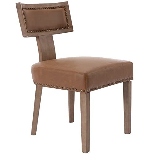 RIVOVA Mid Century Modern Dining Chairs Set of 4, Farmhouse Dining Chairs with Nailhead Trim, Faux Leather Upholstered Dining Room Chairs Kitchen Chairs with Wood Legs, Brown - color: Brown Nailhead