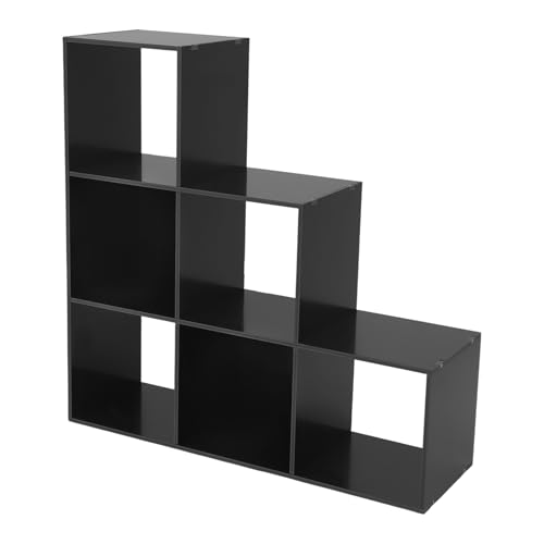 3-Tier Stepped Bookshelf, 6 Cube Storage Organizer Floor Standing Storage Shelf Modern Open Bookshelf for Home and Office (Black) - size: 6 Cube L-Shaped Black