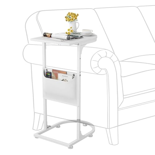 C Shaped End Table, Slide Under Small Side Table for Couch & Small Spaces | Wobble-Free C Table For Sofa, White, Storage Bag, Sturdy Metal Frame, Wood Top, Living Room & Bedroom, 15-Min Quick Assembly - color: Classic White