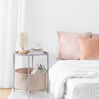 danpinera Round Side Table with Fabric Storage Basket, Small Coffee Table | Metal End Stand with Removable Serving Tray, Modern Nightstand for Small Space, Living Room, Bedroom, Nursery, Light Violet - color: Light Violet