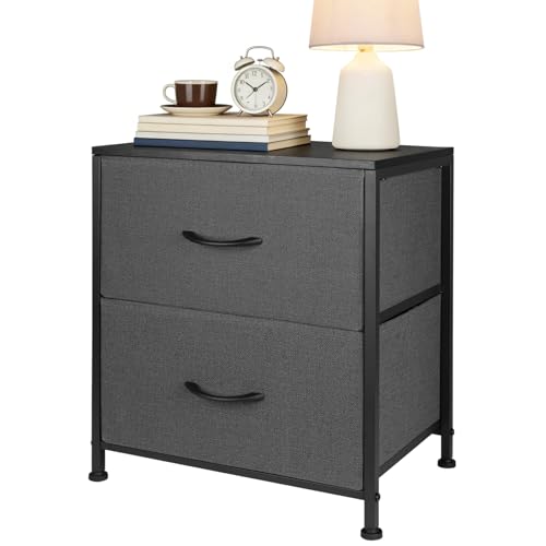 Small Dresser with 2 Drawers Fabric Nightstand for Bedroom Night Stand Bedside Table with Wood Top End Table for Small Space, Apartment, Hallway, Entryway, Metal Frame - color: Grey