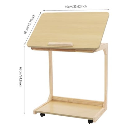 Modern C-Shaped End Table, 2 Tier Sofa Side Table with Wheels and Adjustable Desktop Small TV Tray Tables for Living Room Bedroom Apartment (Wood, 60cm) - color: Wood, size: 60cm