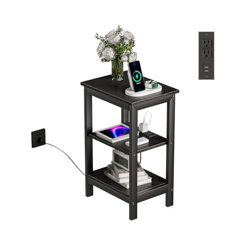 VECELO End Table with Charging Station and USB Ports, Small Wood Nightstand Modern Style, 24" Tall Living Room Side Table with 3-Tier Storage Shelves for Small Spaces, Office, Bedroom, Classic Black - color: Classic Black, size: 1 Pack