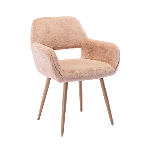 KCC Desk Chair No Wheels Makeup Vanity Chair for Living Room,1PC,Camel | Faux Fur Chair Modern Dining Room Arm Chairs Mid-Century Accent Upholstered Club Guest Chair with Metal Tube Legs for Kitchen - color: Camel, size: 1 PC