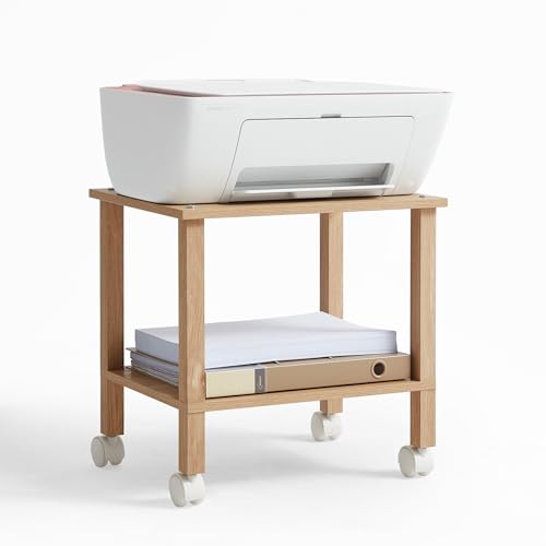 YUFAM 2 Tier Printer Stand with Storage,Under Desk Shelf Printer Table,Small Printer Stand with Wheels,Rolling Printer Cart for Office | Wooden Small Printer Table for Home Office, Rolling Printer Cart Shelf with Lockable Wheels - color: Wood, size: 11.8"