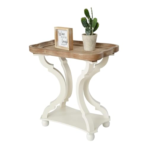 Accent Wood Farmhouse End Table Side Tables Nightstand Natural Tray Top and Distressed Carved Legs for Bedroom Living Room, White - size: 1-pc, style: Rectangle