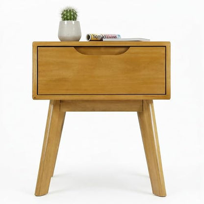 Scandinavian Nightstand - Pine Bedside Table - with Drawer | Solid Wood Construction, 18.5 x 16.93 x 15.75 in, Light Natural Finish, Square Shape, Leg Base, Easy Assembly