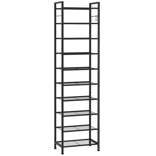 usikey 10 Tiers Narrow Shoe Rack 20-30 Pairs, Sturdy Metal Tall Shoe Rack Shelf with 4 Hooks, Slim Shoe Storage with Metal Shelf, Space Saving Vertical Shoe Organizer for Closet Entryway, Black - color: 10 Tier ( 17.9 X 11 X 69.2 Inches)-black