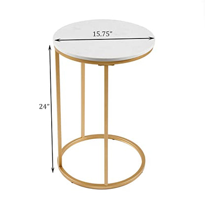 RiteSune Round C Shaped End Snack Side Table Slide Under Couch with Marble Top for Sofa Coffee Laptop Living Room Bedroom Small Space, 16" D x 24" H - color: Gold