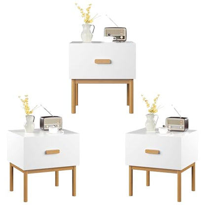 Modern Minimalist White Nightstand with Solid Pine Wood Legs & Spacious Drawer - Versatile Bedside Table for Bedroom, Living Room, or Small Apartment