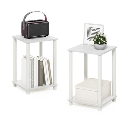 Furinno Turn-N-Tube Side Table Set of 2, 2-Tier Stackable Modern End Table with Open Shelf, Toolless Night Stand, Bedside Table, for Living Room, Bedroom, White - color: White, size: 2-Pack, 2-Tier, style: 2-Pack