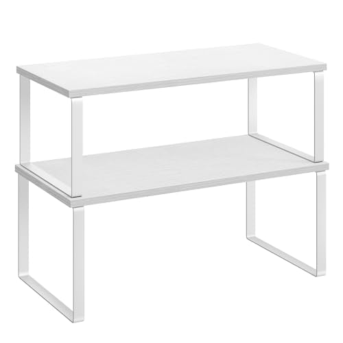 SONGMICS Cabinet Organizer Shelf, Set of 2 Kitchen Counter Shelves, Kitchen Storage, Spice Rack, Stackable, Expandable, Metal and Engineered Wood, 15.6 Inches, Cloud White and Snow White UKCS025W01 - color: Cloud White + Snow White, size: 15.6"w