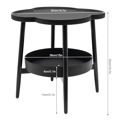 2-Tier Modern Side Table for Couch, Four-Leaf Clover Shape End Table Small Nightstand Coffee Tea Table Snack Table Sofa Side Table with Storage for Living Room Bedroom - color: Black
