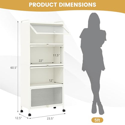 5-Tier Kitchen Storage Cabinet, Mobile Microwave Stand with Metal Frame, 4 Lockable Casters & Flip-up PC Doors, Freestanding Bakers Rack for Kitchen, Dining Room, Living Room (White) - color: White