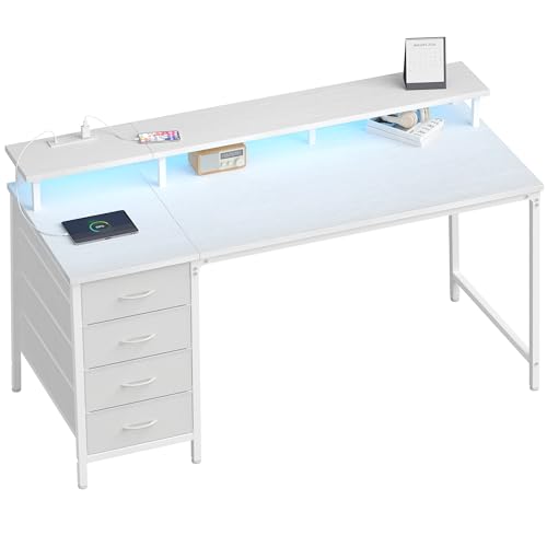 DUMOS 47-Inch Gaming Desk with Power Outlets and LED Lights, White | Computer Desk with 4 Storage Drawers, Home Office Desk with Monitor Stand, Small Desk for Bedroom Study - size: 47-In
