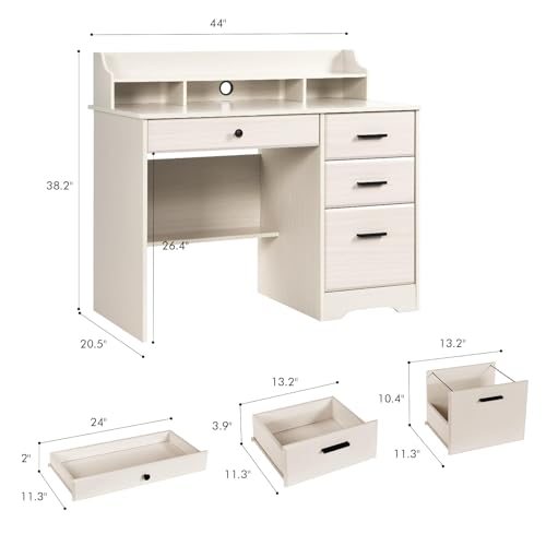 Computer Desk with Drawers and Hutch, Farmhouse Home Office Desk, Wood Student Desk with File Drawer for Bedroom, Writing Table for Small Space, Warm White - color: Warm White