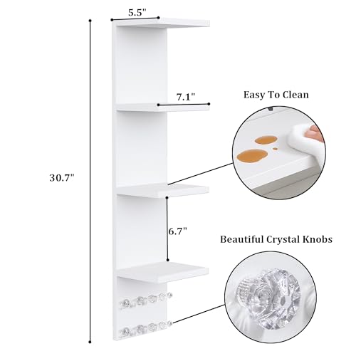 LitaEther 4 Tier White Lack Shelf Vanity Wall Shelf with 10 Crystal Hooks - Multi-Functional Storage for Makeup, Jewelry, Plants, Awards & Display (L7.1 x W5.5 x H30.7) (2)