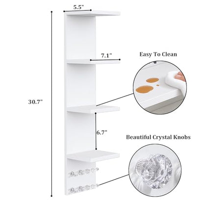 LitaEther 4 Tier White Lack Shelf Vanity Wall Shelf with 10 Crystal Hooks - Multi-Functional Storage for Makeup, Jewelry, Plants, Awards & Display (L7.1 x W5.5 x H30.7) (2)