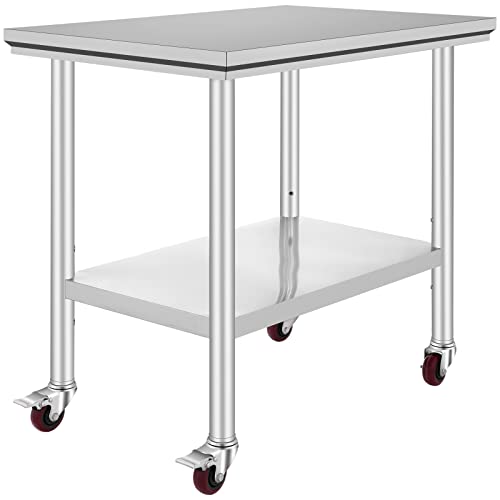 Vevor Mophorn Stainless Steel Work Table 36x24 Inch with 4 Wheels, Casters Heavy Duty Food Prep Worktable for Commercial Kitchen Restaurant, Silver | with 4 Wheels, for Commercial Kitchen Restaurant, Silver - size: 24 x 36 x 32 Inch, style: With Caster