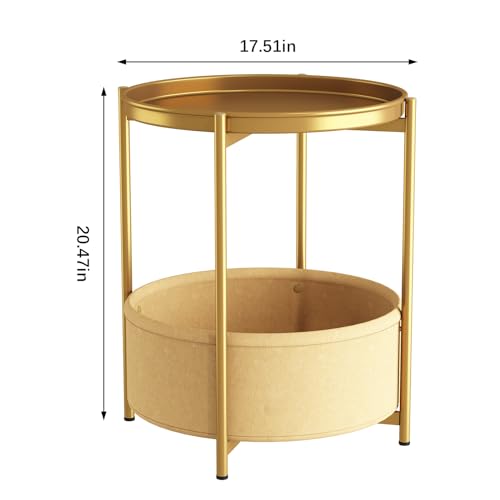 Garden 4 you Side Table with Fabric Storage Basket, Round Metal End Table, Small Bedside Table Nightstand with Removable Tray, for Nursery, Living Room, Bedroom, Bathroom, Gold - color: Gold