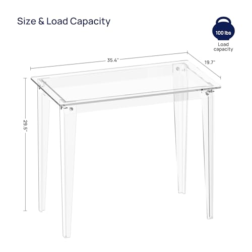 HMYHUM Small Acrylic Computer Desk, 35.4 Inch, Clear Study Desk for Home Office, Writing, Vanity, Modern, Easy Assembly, 19.7"" W x 29.5"" H, Right-Angle Legs Design, 01011