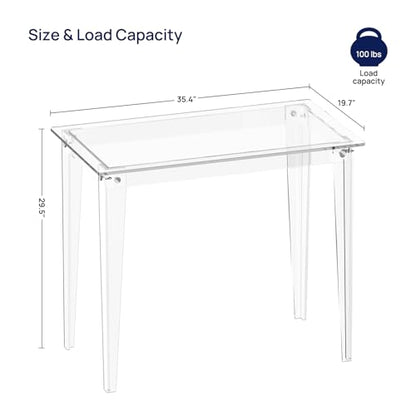 HMYHUM Small Acrylic Computer Desk, 35.4 Inch, Clear Study Desk for Home Office, Writing, Vanity, Modern, Easy Assembly, 19.7"" W x 29.5"" H, Right-Angle Legs Design, 01011